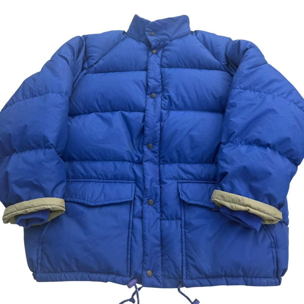 Vintage OshKosh B'Gosh Down Puffer Jacket XL Blue Leather Trim 90s Outdoor